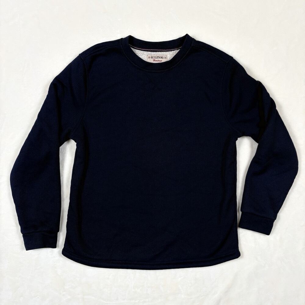 BC Clothing Co Sherpa Lined Waffle Knit Theraml Crewneck Navy Mens L